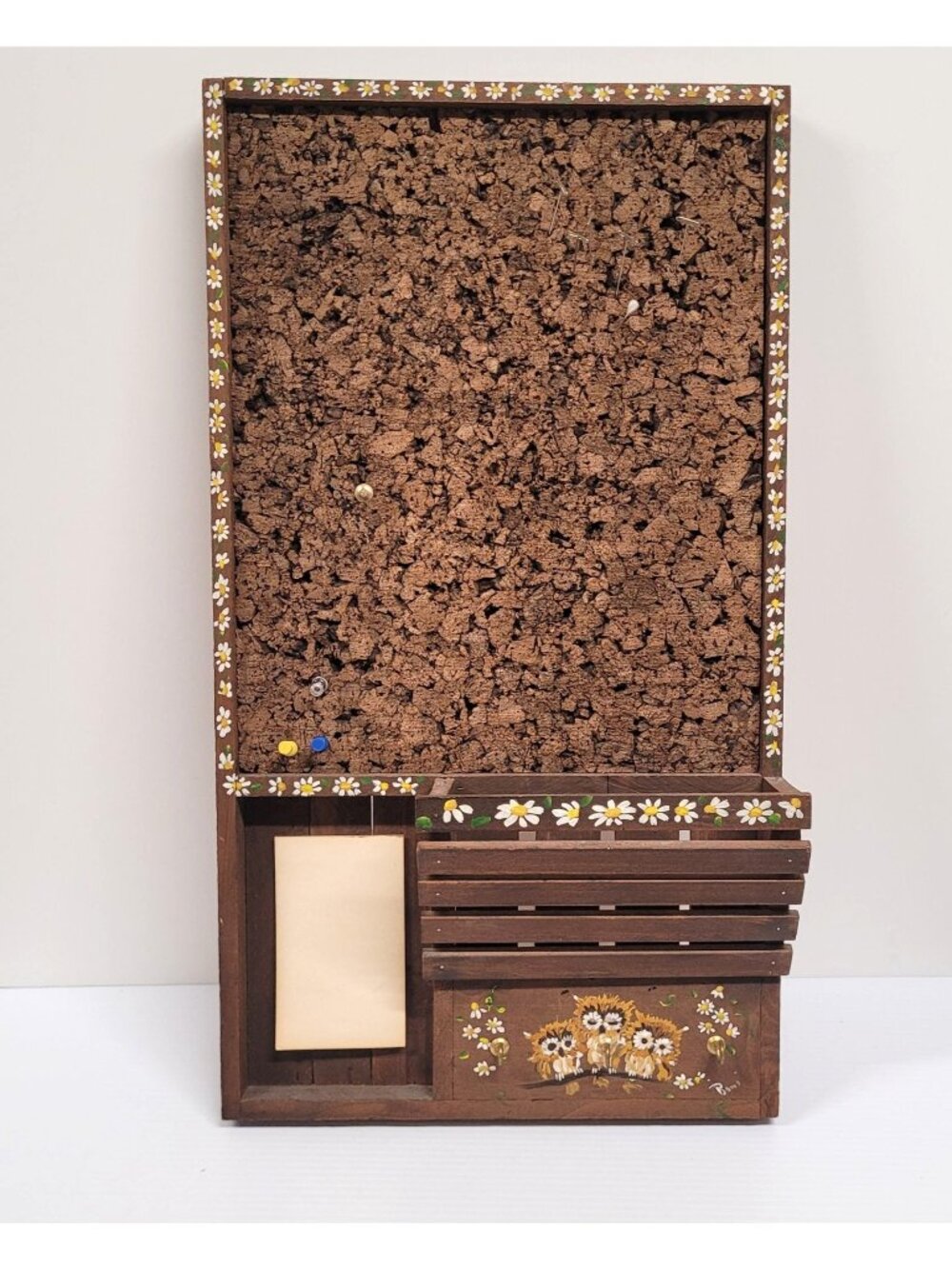 Dark Brown Cork Board Painted Owls Daisys Accents 24" x 13" Late 70s early 80